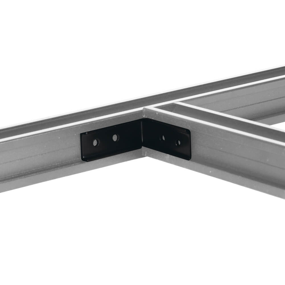 A201 90-degree bracket installed on two 45x45 QwickBuild joists, demonstrating secure corner connection and best-practice subframe alignment.