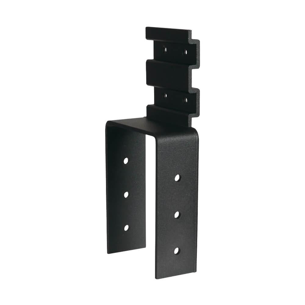 Standalone A211 bracket with powder-coated black finish, designed for precision post alignment and load distribution in deck builds.