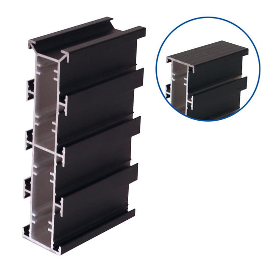 Cross-section of QwickBuild A150 aluminium joist profile with 180mm depth and multi-channel extrusion, engineered for high-load deck spans and integration with Elite Balustrade components over waterproof membranes.