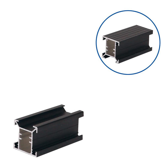 Black QwickBuild A120 aluminium joist profile with a 45x45mm rectangular cross-section, featuring internal channels and a powder-coated finish for enhanced durability in membrane and floating deck installations