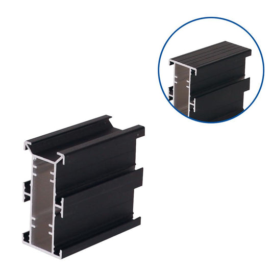 Black powder-coated QwickBuild A130 aluminium joist with 90x45mm profile, showcasing structural channels and high-load design for elevated decks, podiums, and waterproof membrane applications.