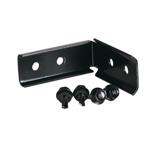 Close-up of the A201 90-degree bracket with four fixing holes, showing durable aluminium construction and powder-coated finish for rust resistance