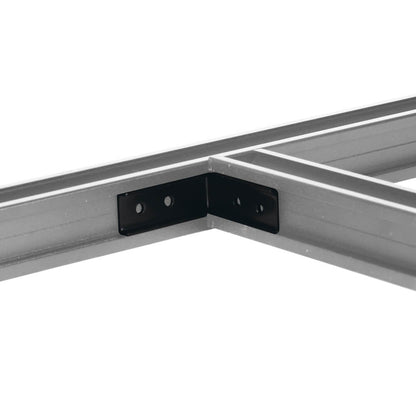 A201 90-degree bracket installed on two 45x45 QwickBuild joists, demonstrating secure corner connection and best-practice subframe alignment.