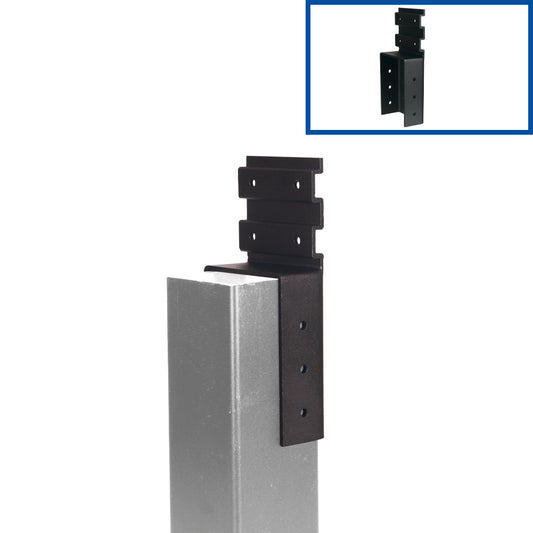 Single A210 bracket secured to a vertical post, showing mounting holes for joist connection and structural stability.