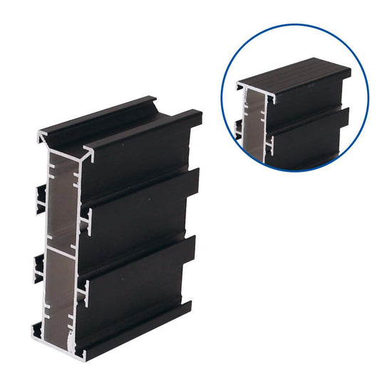Close-up cross-sectional view of black powder-coated QwickBuild aluminium joist profile showing multi-channel extrusion design for enhanced strength in floating deck and membrane installations.