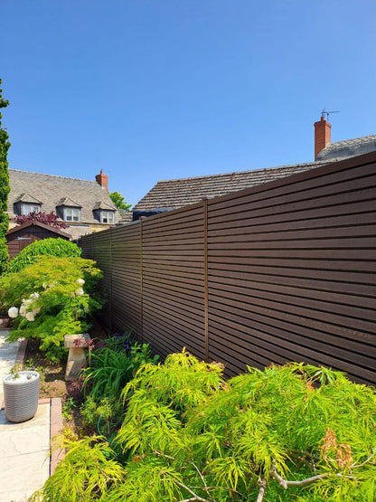 Garden with wooden fence, plants, and a clear blue sky