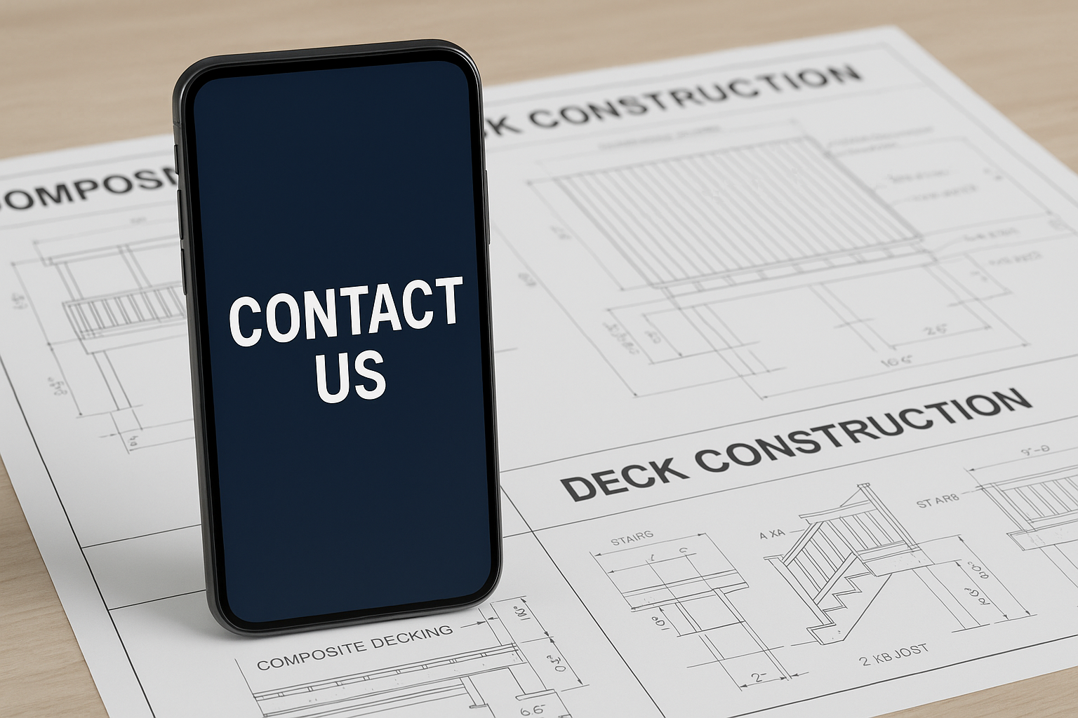 "Contact Us" written on a mobile screen with a deck fullm of plans hehind the phone