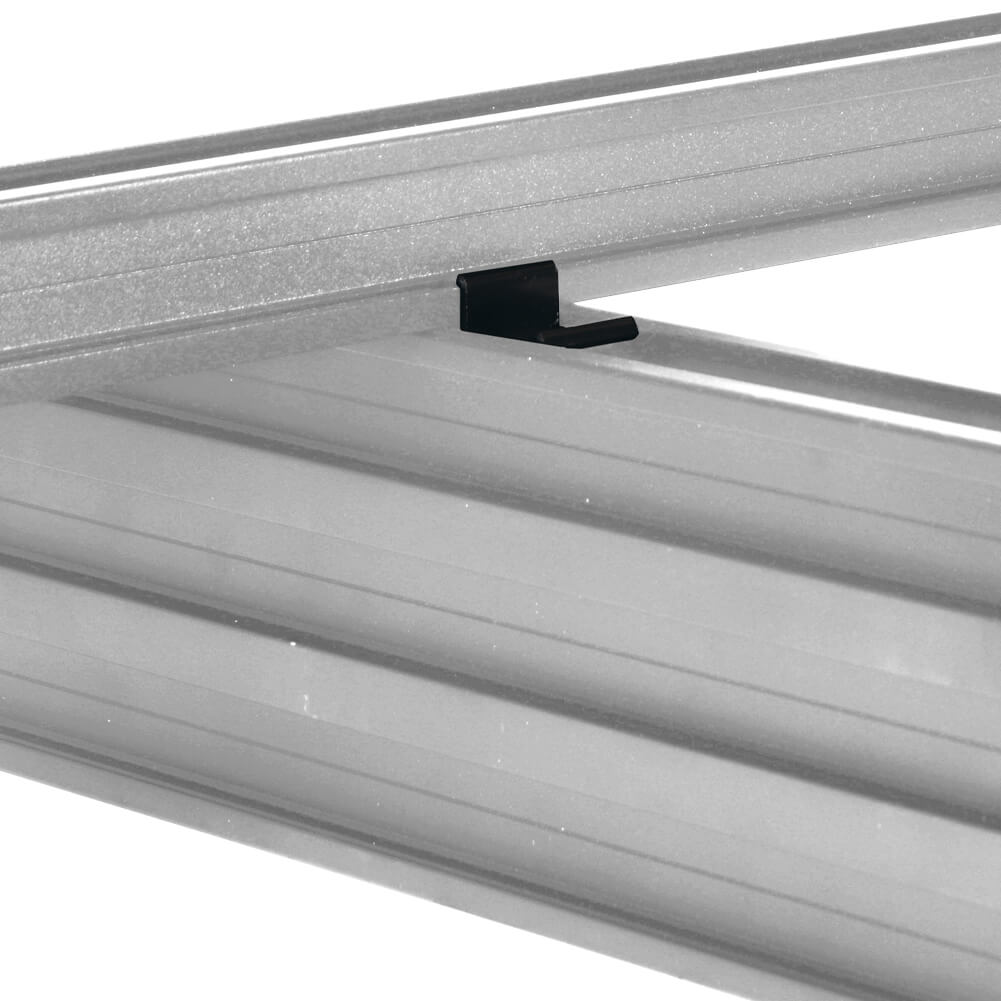 Close-up of a single QwickBuild A203 bracket showing aluminium construction and fixing points for joist connection